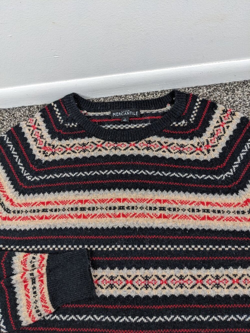 J Crew Sweater Fair Isle Lambswool Crewneck Raglan Pullover Black Red Mens Large